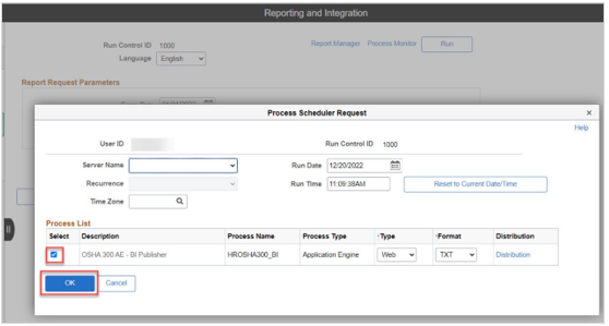 Image of Process Scheduler Request window with Select column