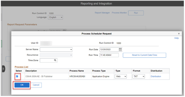 Image of Process Scheduler Request window and Select column