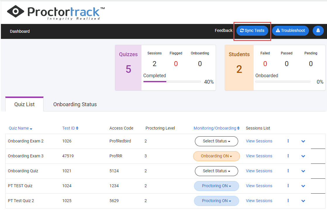 Image of ProctorTrack screen with Sync Tests button highlighted