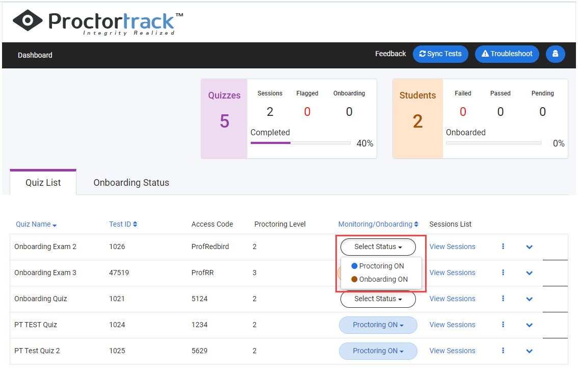 Image of ProctorTrack screen with Select Screen dropdown menu
