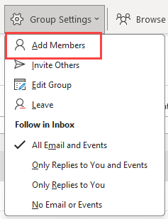 Image of Group Settings dropdown menu with Add Members