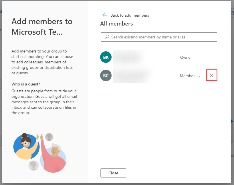 X button to delete members