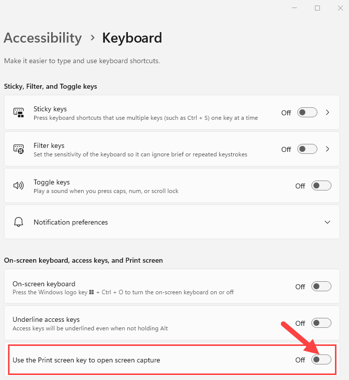 Image of Keyboard Accessibility settings with slider bar off next to Use the Print screen key to open screen capture
