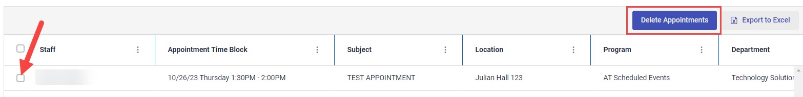 Delete Appointments button and checkbox next to appointment to delete