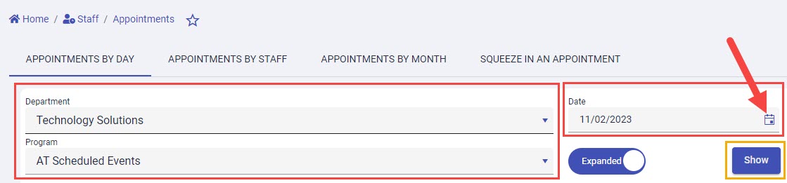 Appointments By Day tab with Department and Program dropdown menus, Date field, and Show button
