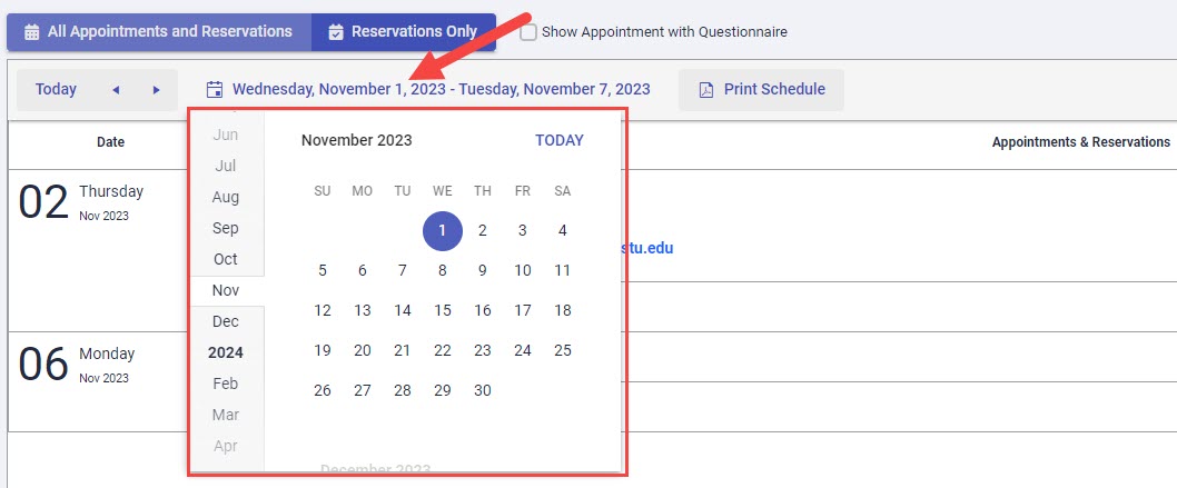 Appointments by Staff tab_Calendar and date range