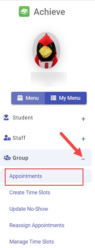 Group menu with Appointments link