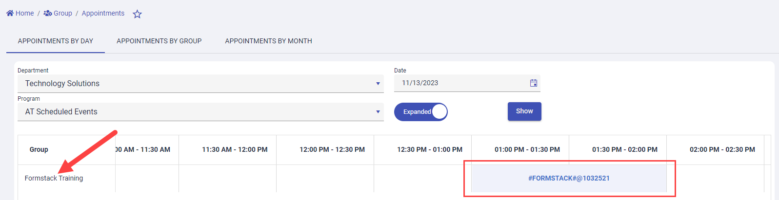 Appointments By Day tab with group calendar and a timeblock
