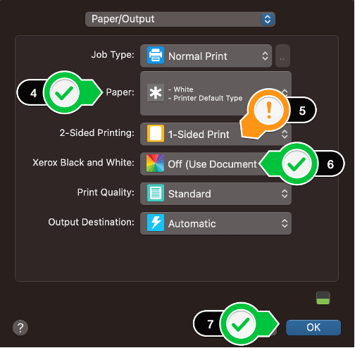 Paper/Output window with Paper dropdown menu and OK button