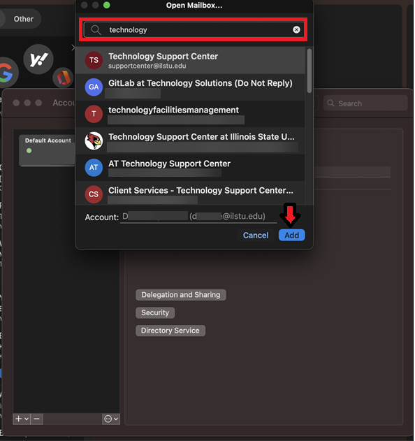 Image of Open Mailbox window with search bar
