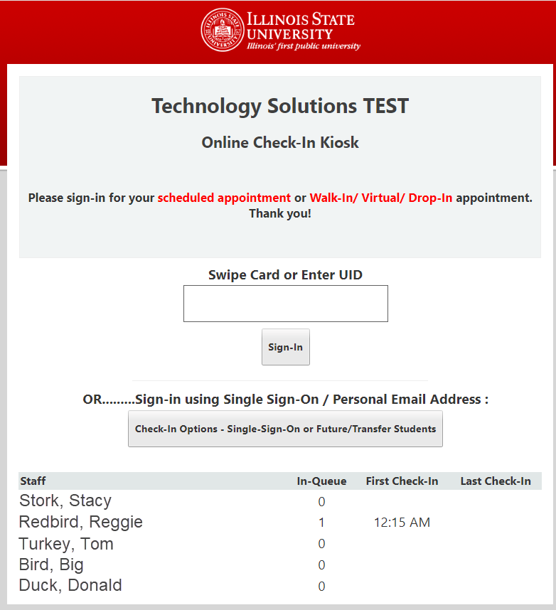 Image of a sample kiosk check-in page