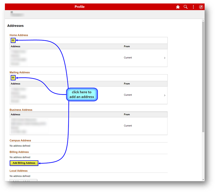 Screenshot of where to add new addresses on Profile addresses page (Home, Mailing, Business, Billing, etc.)