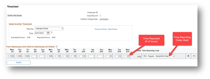 Sample Timesheet with hours recorded and Time Reporting Code selected