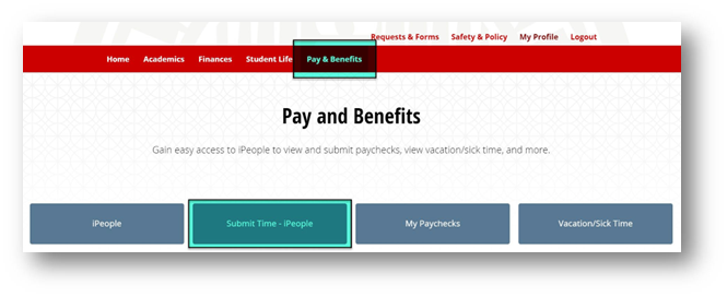 Screenshote of log in page for Pay and Benefits, with Submit Time circled