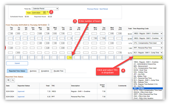 Screenshot of Sample Timesheet, showing where to check the date field, how to add hours on a new row, and where to select the TRC.