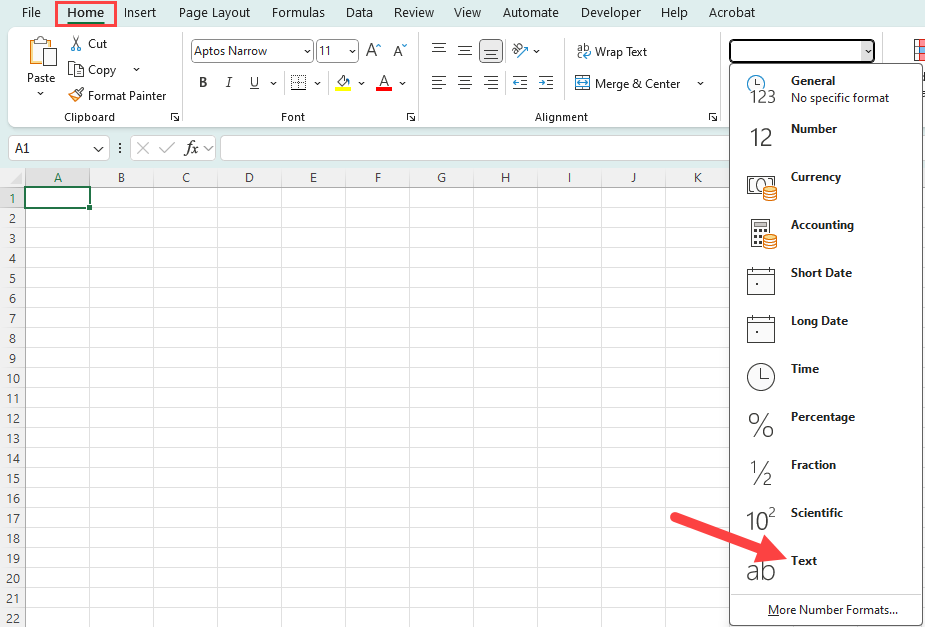 Excel spreadsheet with the Home tab and the