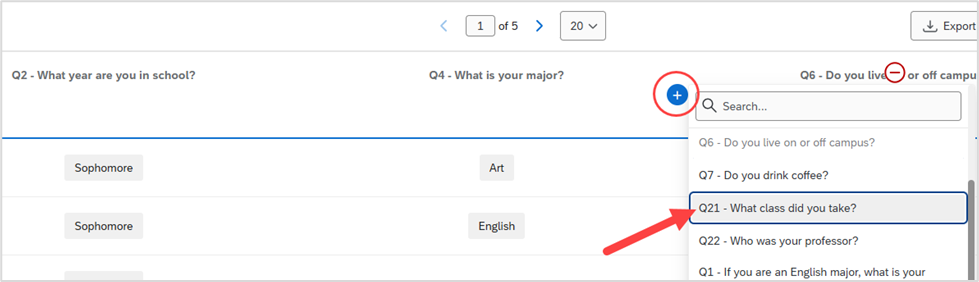 Plus button between columns in the Data & Analysis tab