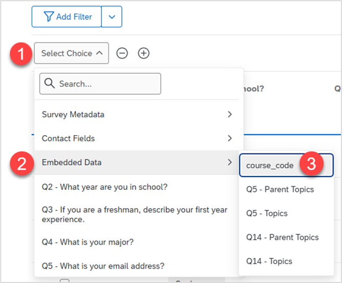 Select Choice dropdown menu with Embedded Data and course_code selected