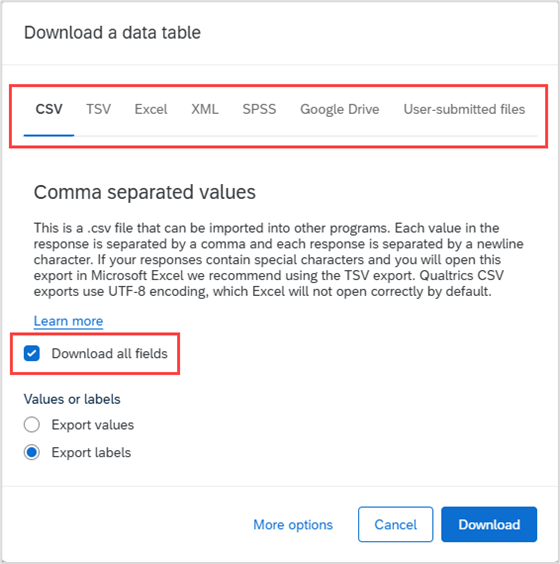 Download a data table window