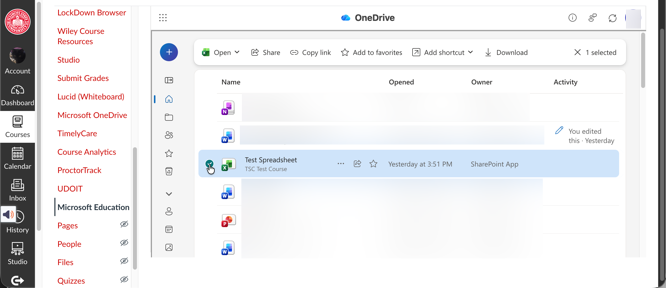 Screenshot of OneDrive home page in Canvas