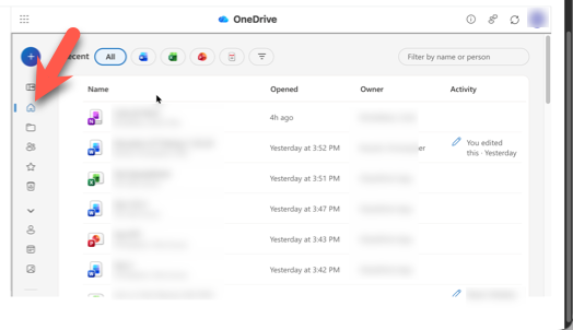 Screenshot of the Home page in OneDrive