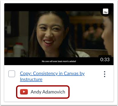 Screenshot of external youtube video added to Canvas external sources