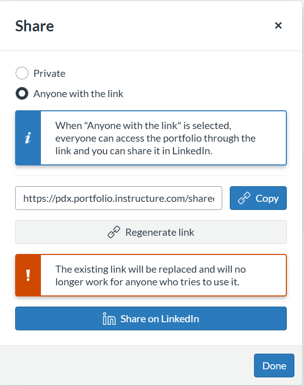 Screenshot of sharing options
