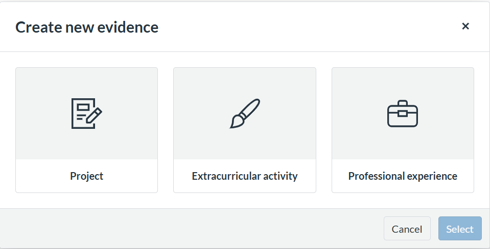 Screenshot of Create new evidence pop-up