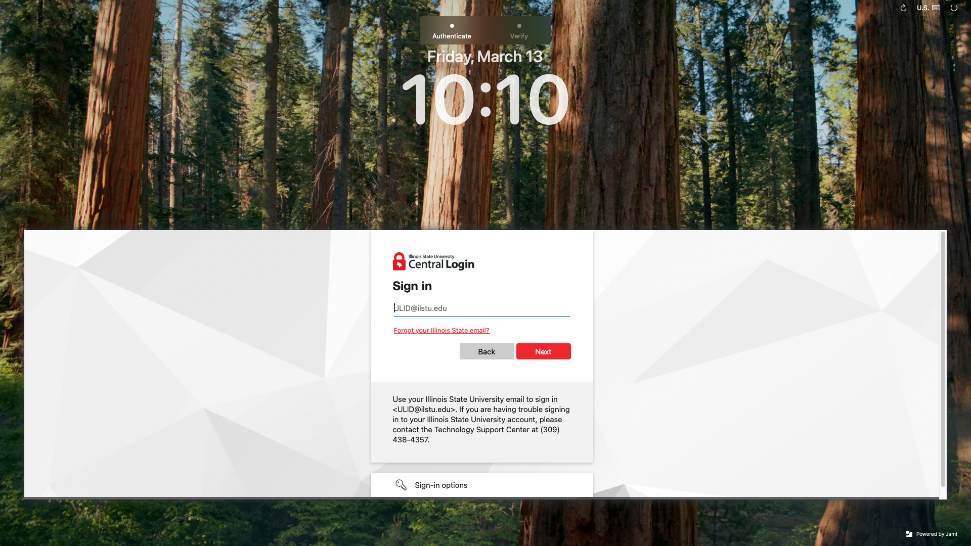 Screenshot of Central Login Screen