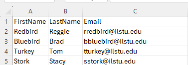 Screenshot of Excel spreadsheet with sample first names, last names, and email addresses