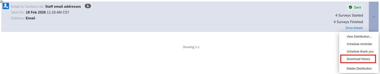 Image of a row in the Emails screen with the dropdown menu containing the Download history link