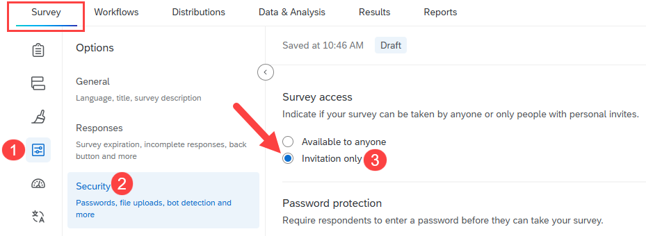 Image of Survey tab with Options icon and Security menu with Invitation only radio button