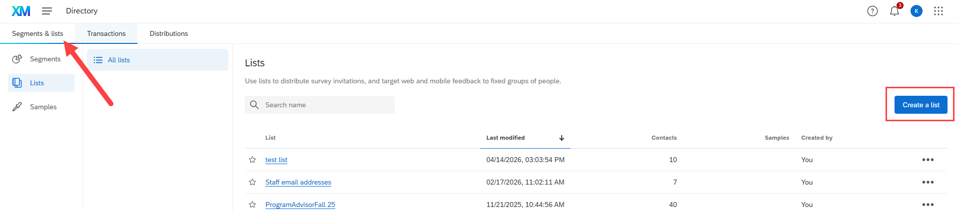 Image of Directories page in Qualtrics with 