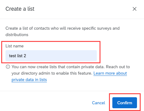 Image of Create a list window with List name field and Confirm button