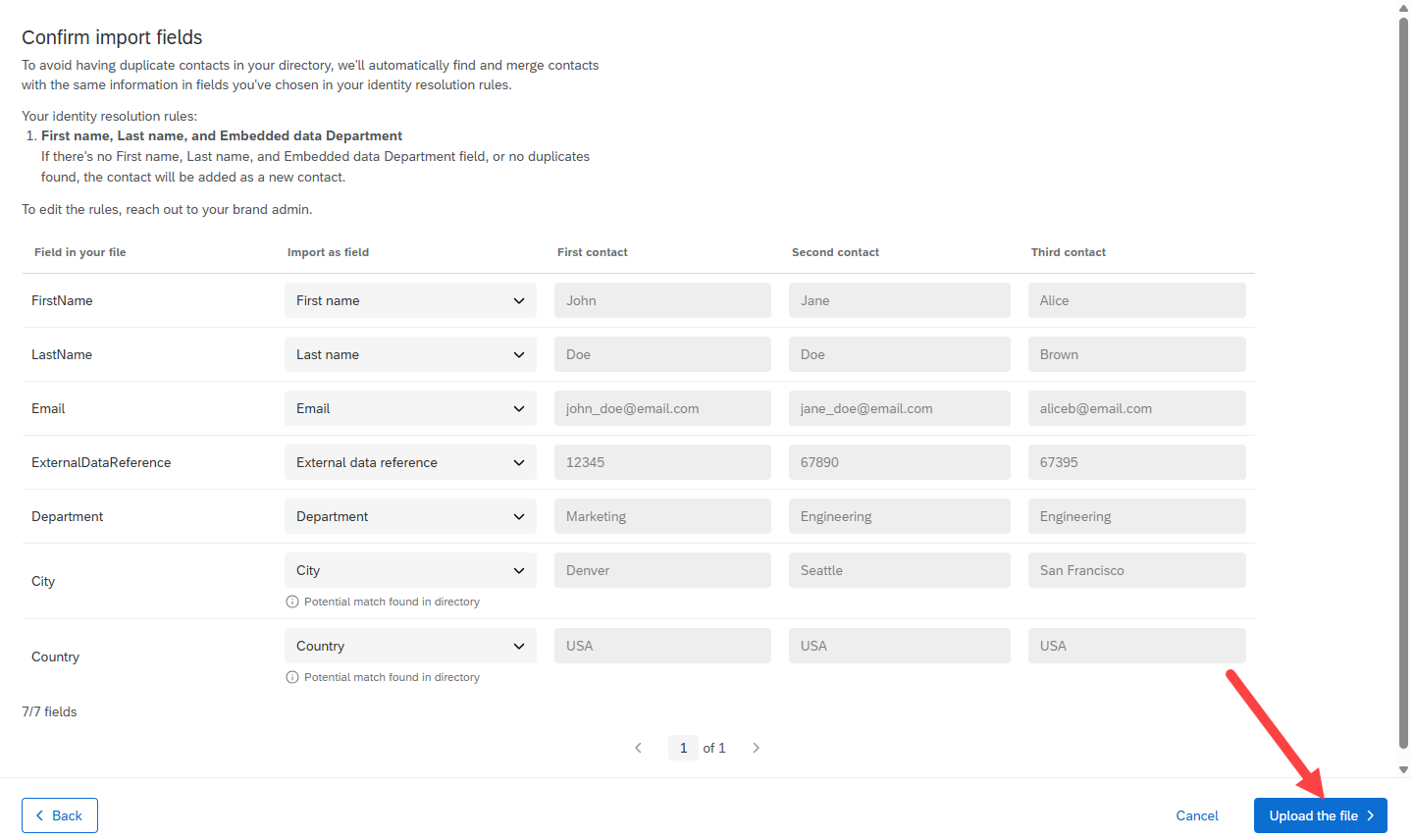 Confirm import fields screen with the Upload the file button