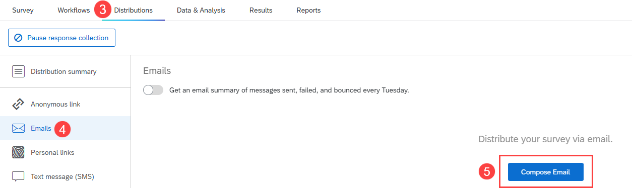 Image of Distributions tab and Emails screen with the Compose Email button