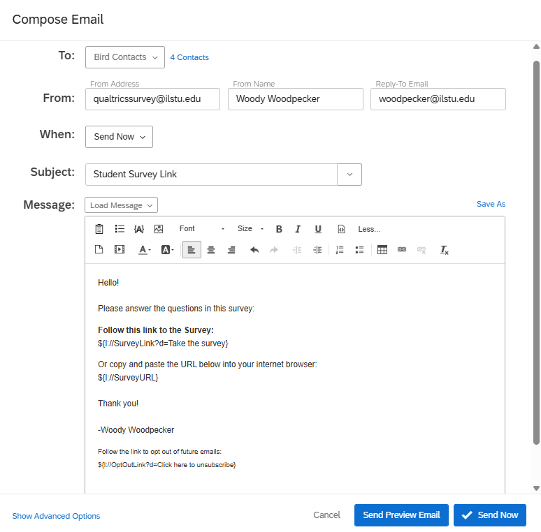 Image of Compose Email window with To, From, When, Subject, and Message fields and Send button