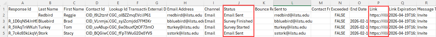 Image of Excel spreadsheet with Status column and personalized link column