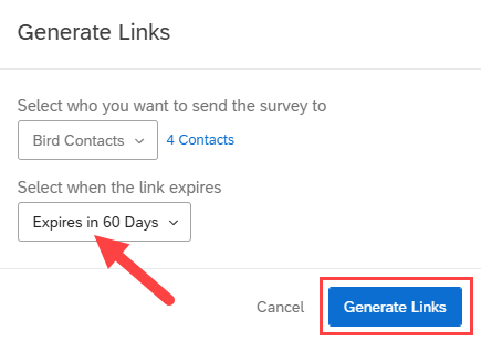 Image of Generate Links window with expiration date and Generate Links button