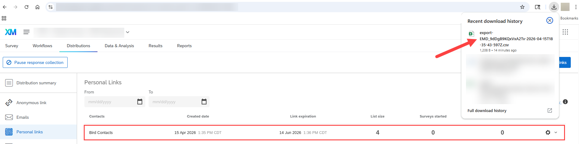 Image of Personal Links screen with a row containing the name of the directory for which survey links were created. Also contains the Download menu with a .csv file 