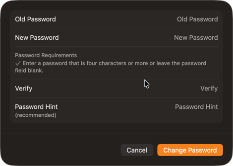 Screenshot of password change pop-up