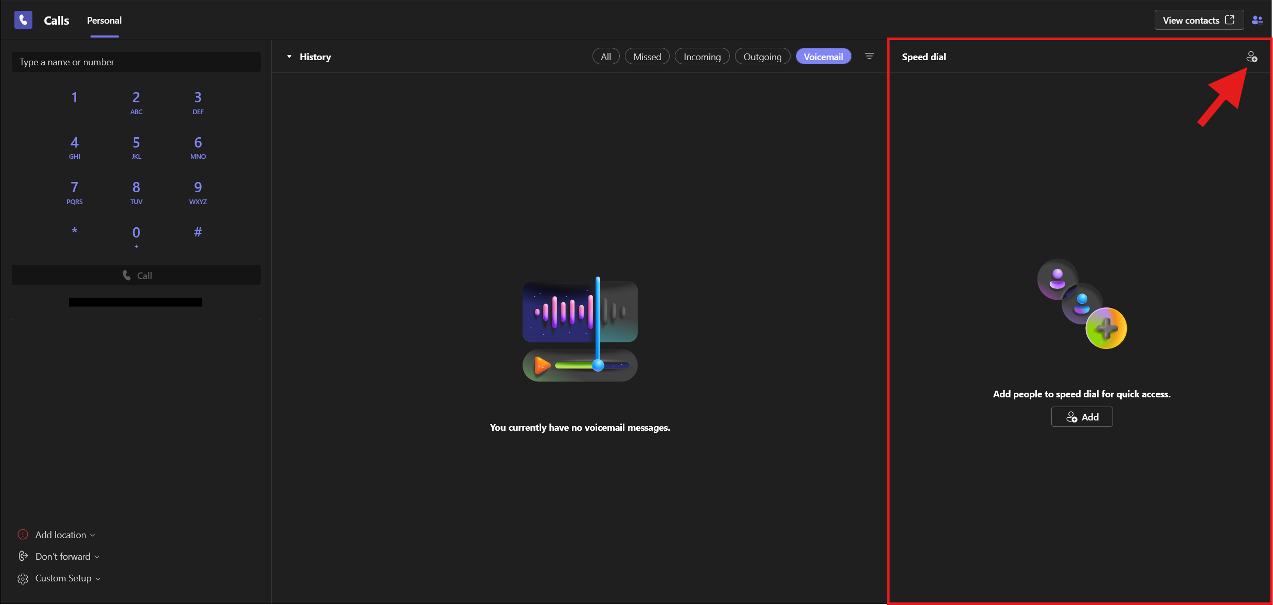 Screenshot of Speed Dial section of Teams Voice