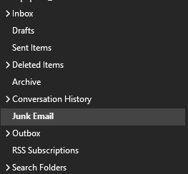 Outlook Desktop Application Junk Email option selected