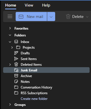 M365 Online menu Junk Email selected