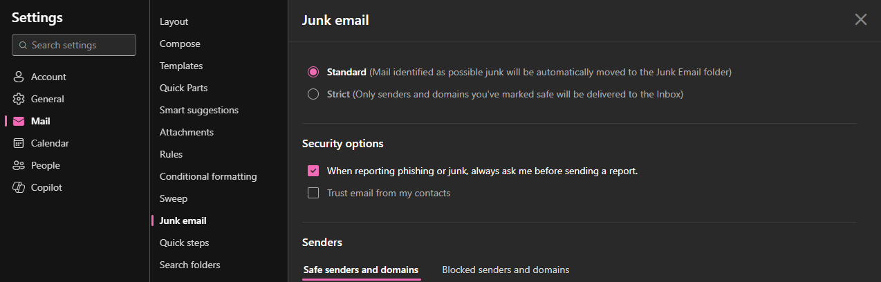 Junk email settings