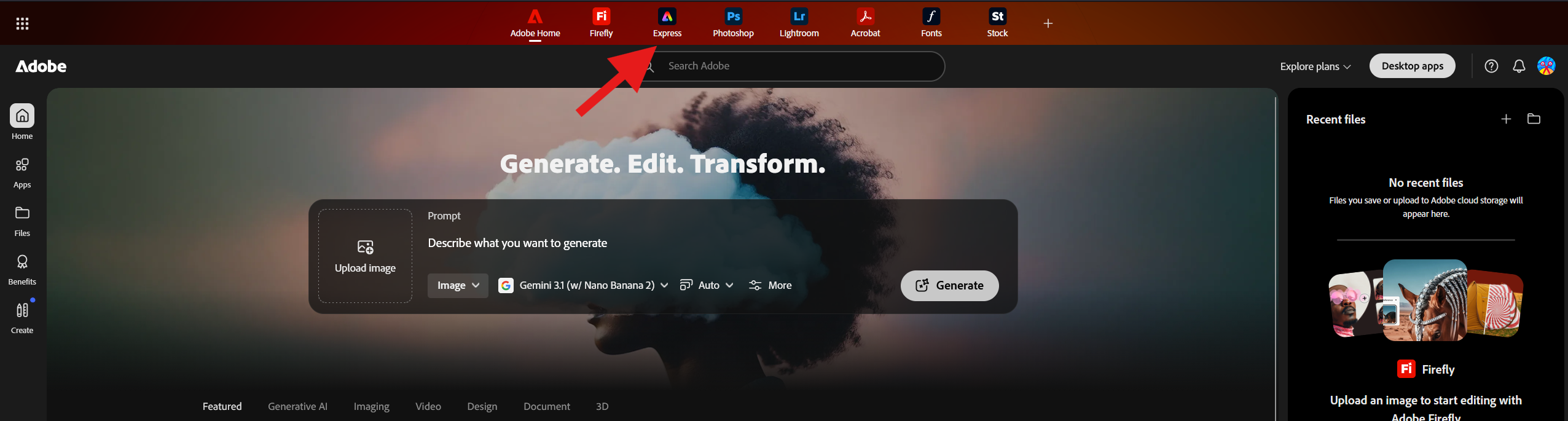 Red arrow showing Adobe Express after logging in