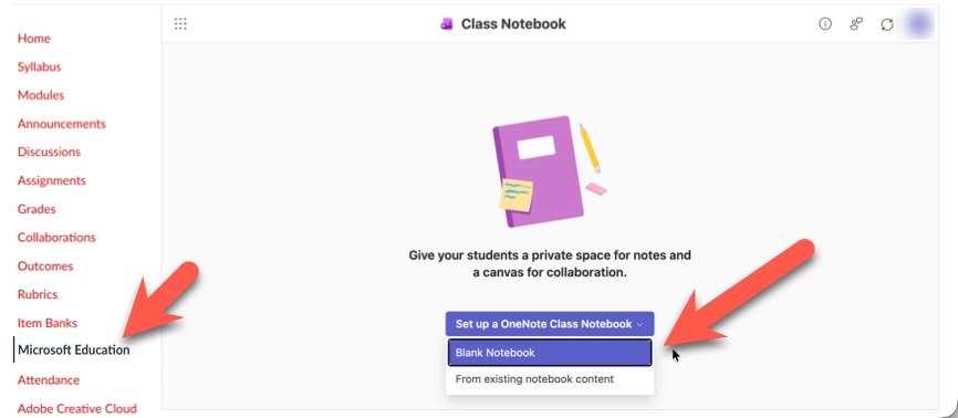 Screenshot of Class Notebook creation option menu