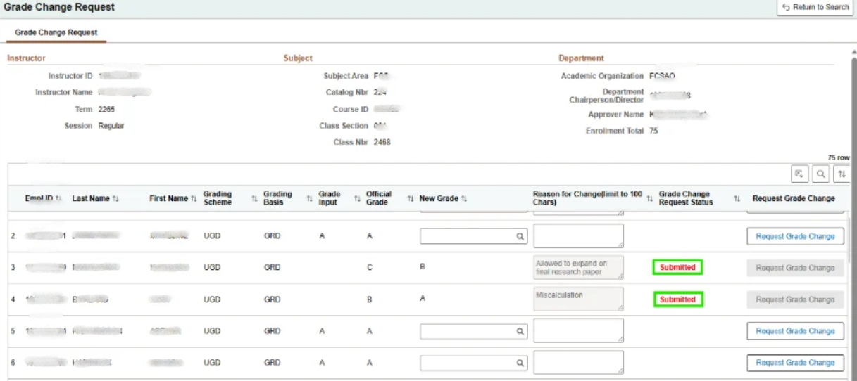 Grade Change Request status