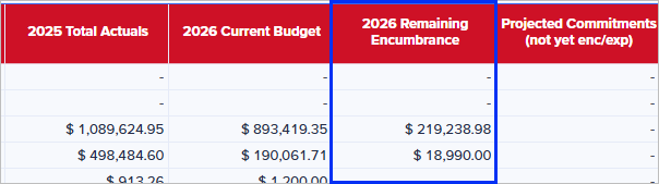 Current Year (2026) Remaining Encumbrance column