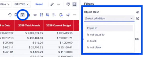 Filter icon and Filter menu